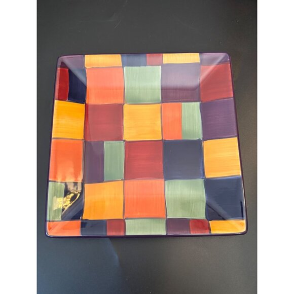 Corsica Hand Painted Large Square Plate Multicolored Check Block design 10"x10" - Picture 7 of 7